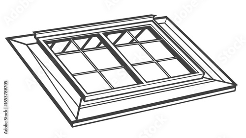 Illustration of a skylight with rectangular panes and triangular support beams in a roof structure