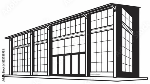 Illustration of a modern building with large windows and a simple black and white color scheme style