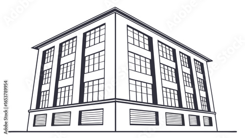 Illustration of a three story building with multiple windows and a flat roof in black and white
