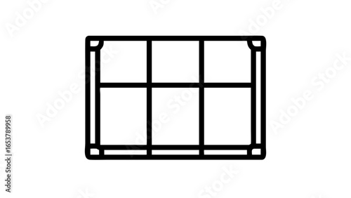Outline drawing of a rectangular shape divided into six equal compartments with rounded corner details