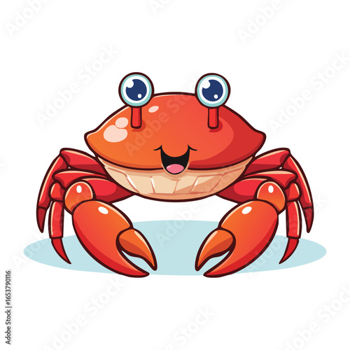 A cheerful cartoon crab with big, happy eyes and bright orange claws, smiling widely.