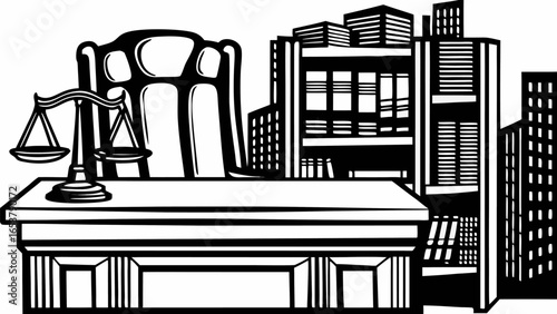 Illustration of a courtroom scene with scales of justice desk chair and city skyline background view silhouette