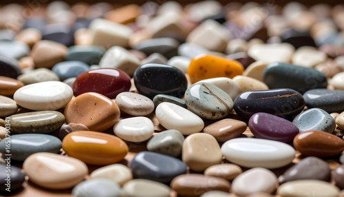 Assortment of Smooth Polished Stones in Various Colors on a Brown Wooden Surface Background