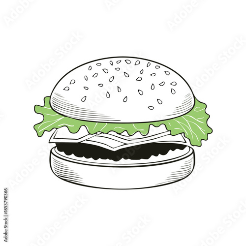 Detailed illustration of a classic burger with sesame seed bun, lettuce, cheese, and a beef patty.