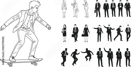 Business people vector art illustration and skateboarder man vector