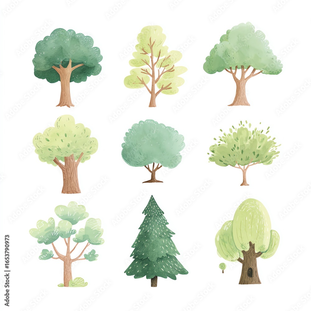 Fototapeta premium Nine Watercolor European Trees Perfect for Animation Projects. Ideal for adding charming nature elements to your 2D scenes.