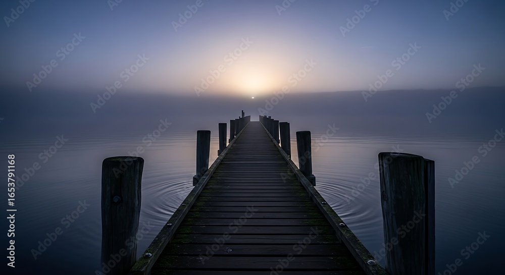 Naklejka premium Wooden Pier Leading to Misty Lake at Sunrise in Serene Landscape