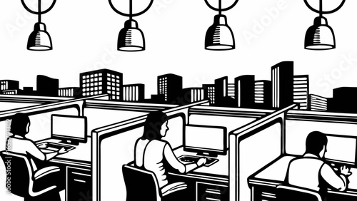 Illustration of an office space with cubicles computers and people working with city skyline view 100 silhouette