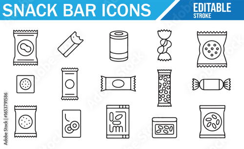Snack Bar Icons Set: A collection of editable vector illustrations depicting various types of snack bars and packaging, including chips, cookies, and packaged snacks. Ideal for food and retail project