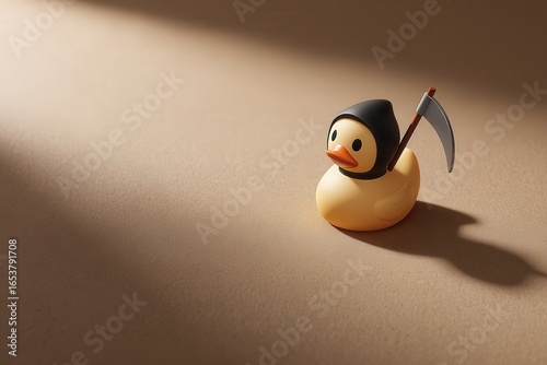 Rubber duck wearing a black robe and holding a sickle on brown background, Halloween concept