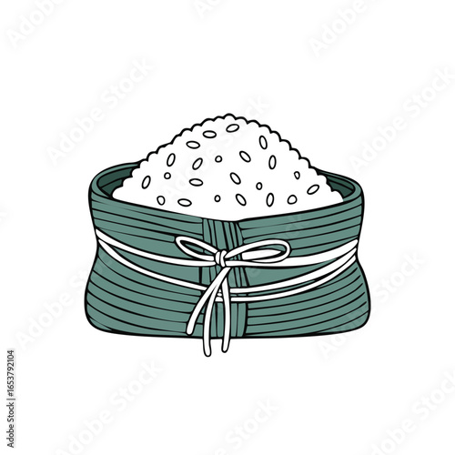 A detailed illustration of a traditional Chinese rice dumpling, wrapped in leaves and tied with string.