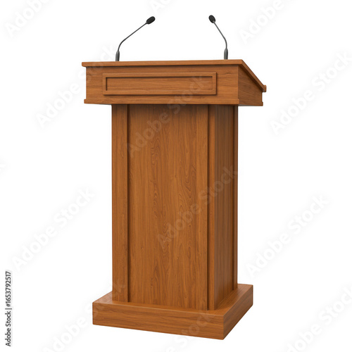 Wooden lectern for speech with microphones isolated on transparent background