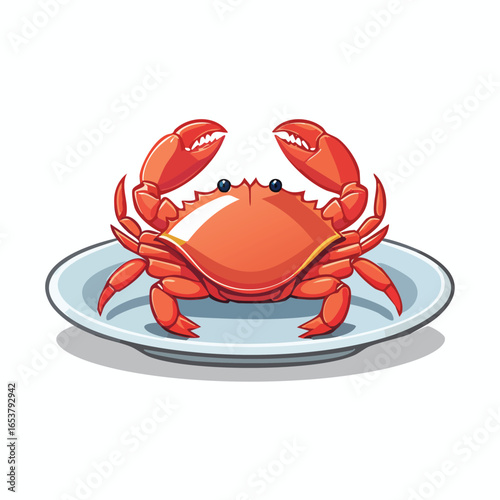 A detailed illustration of a cooked crab served on a light blue plate, ready to eat.