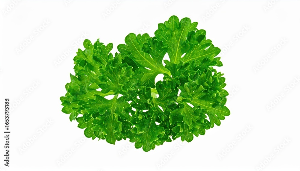 Obraz premium Close-up of fresh green parsley leaves isolated on white, showcasing vibrant color and texture.