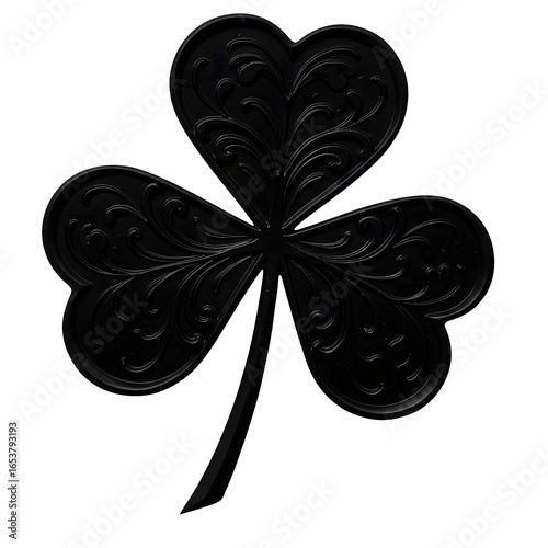 A single four-leaf clover design with a flying butterfly on vintage black silhouette wings