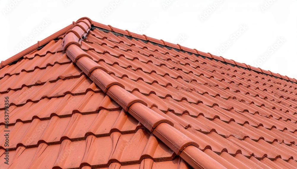 Naklejka premium Detailed view of a red tiled roof against a clear sky, highlighting architectural design and weatherproofing.