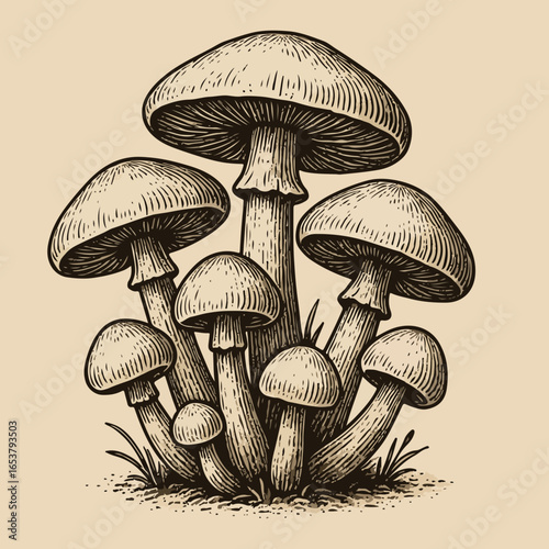 Vintage Ink Drawing of Mushrooms with Intricate Botanical Details