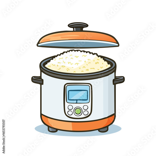 A detailed illustration of a rice cooker with the lid open, filled with cooked rice.