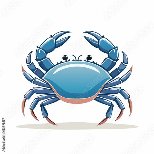 A detailed illustration of a cartoon blue crab with large claws and a rounded shell.