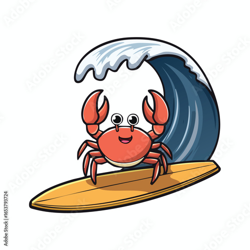 A cheerful cartoon crab surfing on a surfboard with a large ocean wave cresting behind it.