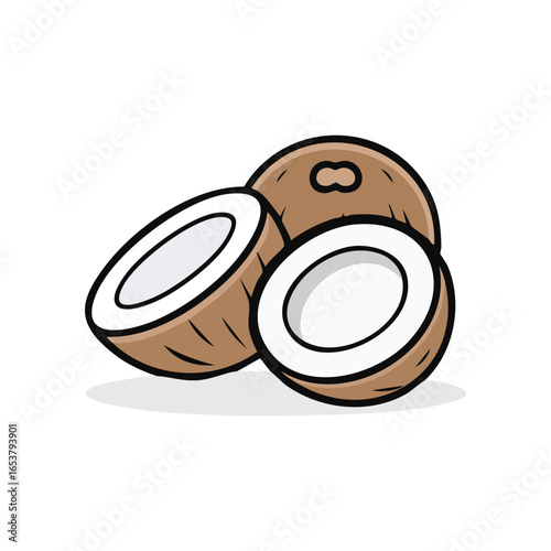 Illustration of a coconut, with one cut open to show the white flesh and brown shell.