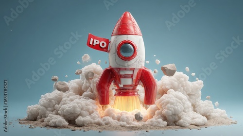 Fototapeta Naklejka Na Ścianę i Meble -  A rocket with ipo written on it launching from a cloud of smoke and debris