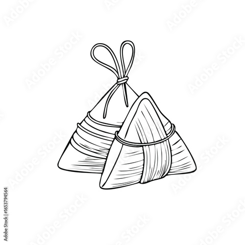 Detailed black and white illustration of two traditional Chinese Zongzi dumplings, tied with string.
