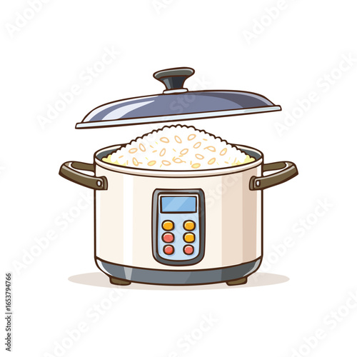 A detailed illustration of a white rice cooker with a lid, filled with cooked rice, and a digital control panel.