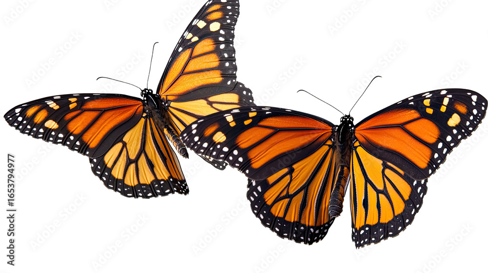 Obraz premium Lively monarch butterflies orange black insect with wings isolated on white background