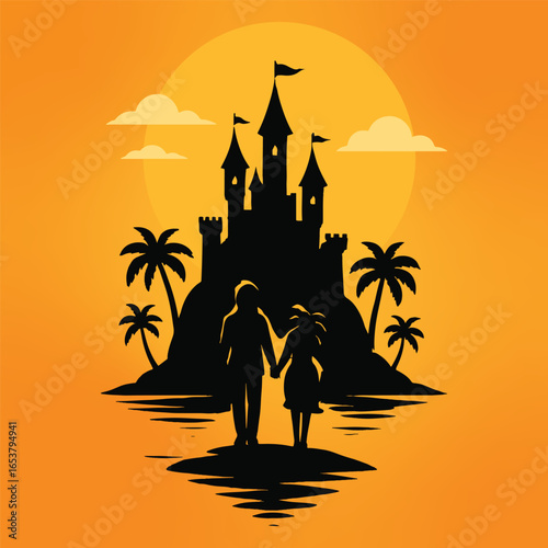Couple holding hands walking on a beach at sunset with a castle silhouette and palm trees, tropical vacation romance