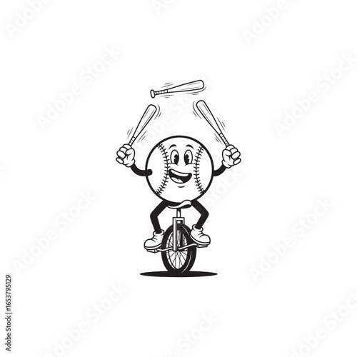 Vector art of cartoon baseball character juggling bats while riding a unicycle