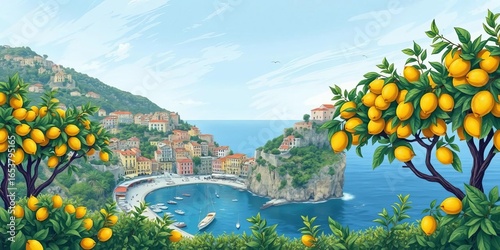 Hand-drawn Amalfi Coast & Sicily lemon grove scene, boho style, sea, vacation ,  beach,  travel