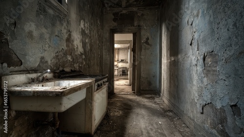 Dilapidated Room. Creepy Abandoned Hotel Interior with Aged Walls and Broken Fixtures