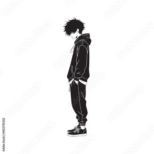 Vector art of a silhouette of a young person with curly hair, wearing a hoodie and sweatpants, standing with head down isolated on a