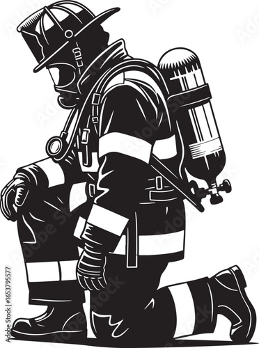 Vector art of a firefighter kneeling on one knee, wearing full gear and a breathing apparatus