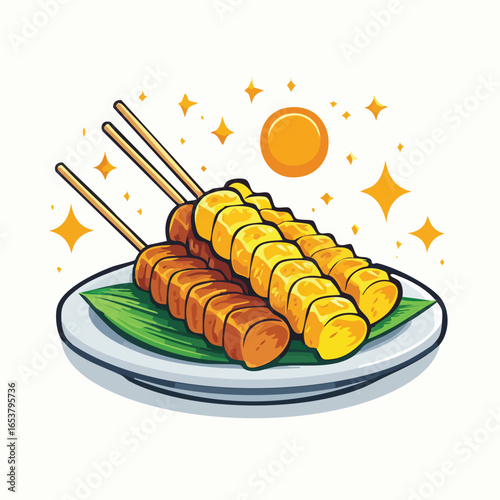 Illustration of satay skewers on a plate with a leaf, stars, and a sun.