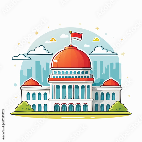 Illustration of a government building with a red dome, flag, and cityscape background.