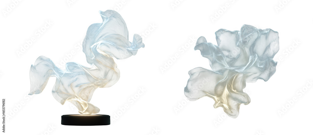 Fototapeta premium Ethereal flowing fabric sculpture with soft blue and yellow hues, illuminated and isolated on transparent background