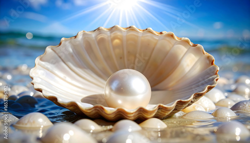 Large Pearl Inside Open Seashell On Sandy Beach With Sparkling Blue Ocean Background and Bright Sunlight