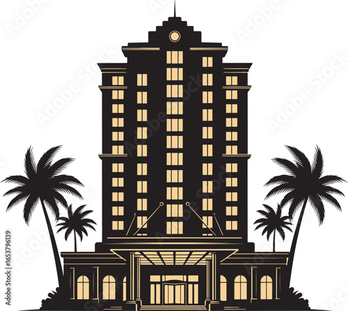 Elegant hotel building with palm trees at night