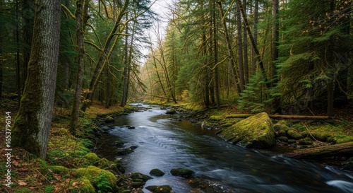 Serene Forest River Scene: Mossy Rocks, Lush Greenery, Tranquil Waterscape.