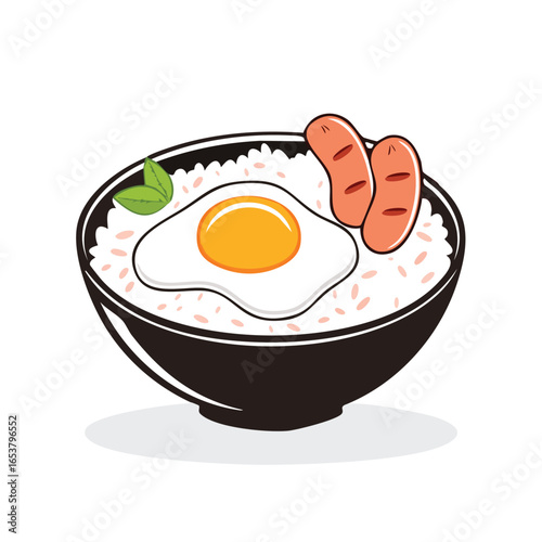 A detailed illustration of a breakfast bowl with rice, a fried egg, and sausages.