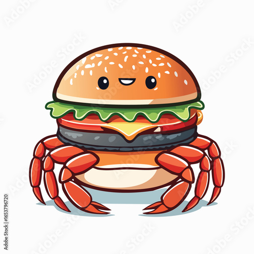 A whimsical cartoon illustration of a burger with crab legs, smiling and looking cute.
