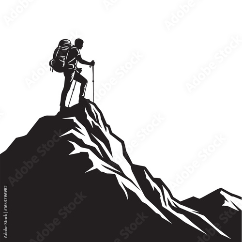 Vector art of silhouette of a hiker standing on a mountain peak with a backpack and trekking poles