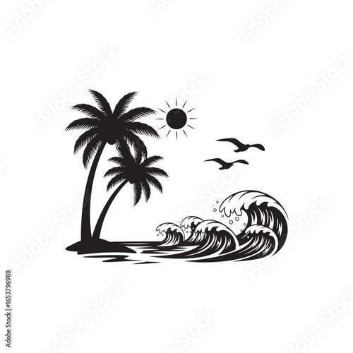 Vector art of tropical beach scene with palm trees, sun, birds, and ocean waves