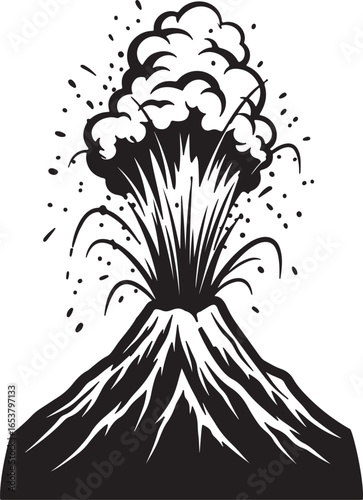 Vector art of silhouette of a volcano erupting with smoke and ash spewing into the sky