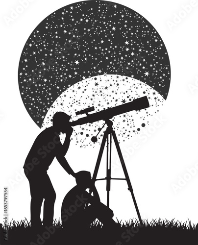 Vector art of two people observing the stars with a telescope during a lunar eclipse