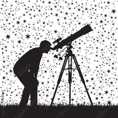 Vector art of silhouette of a person looking through a telescope at a starry night sky