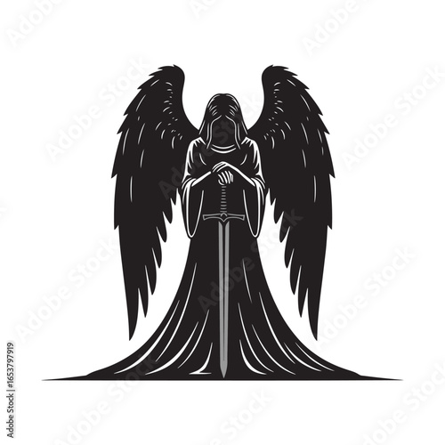 Vector art of dark angel with sword and wings