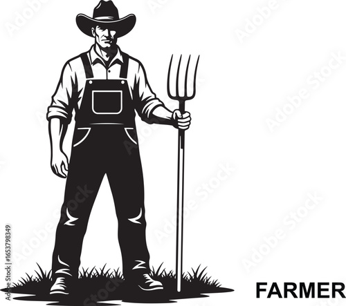 Vector art of a farmer wearing overalls and a cowboy hat stands holding a pitchfork, isolated on a
